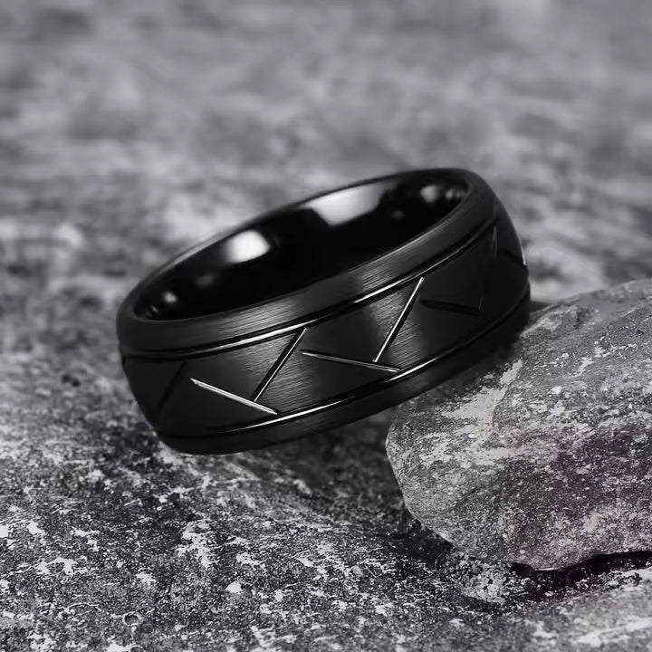 8mm Tungsten Carbide Wedding Band Ring – Domed Grooved Brushed Design – Comfort Fit for Men in Silver or Black