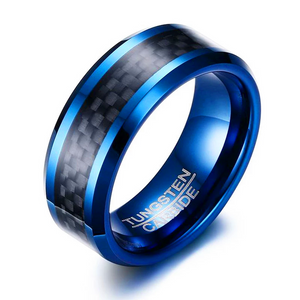 8mm Tungsten Carbide Ring for Men with Black Carbon Fiber Inlay – Available in Blue or Silver Finish – Wedding Band
