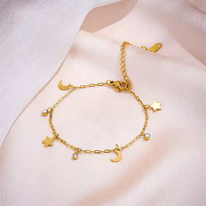Stainless Steel Multi-Charm Dangle Anklet or Bracelet – Star, Heart, CZ Accents – Gold, Silver & Rose Gold Ankle Jewelry
