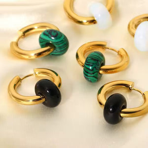 Boho Opal Huggie Earrings in Gold Plated Stainless Steel – Black, Green & White Gemstone Minimalist Hoop Set