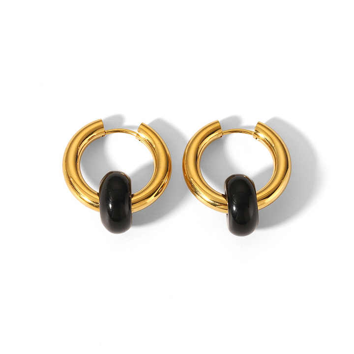 Boho Opal Huggie Earrings in Gold Plated Stainless Steel – Black, Green & White Gemstone Minimalist Hoop Set