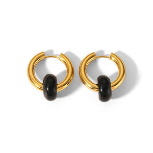 Boho Opal Huggie Earrings in Gold Plated Stainless Steel – Black, Green & White Gemstone Minimalist Hoop Set