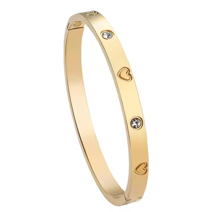 Heart Engraved CZ Bangle Bracelet, Stainless Steel with Sparkling Cubic Zirconia in Gold, Silver, Rose Gold