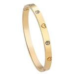 Heart Engraved CZ Bangle Bracelet, Stainless Steel with Sparkling Cubic Zirconia in Gold, Silver, Rose Gold