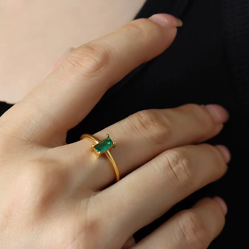 Emerald Cut Solitaire CZ Engagement Ring for Women, Gold Plated Stainless Steel, Dainty Rectangle Design