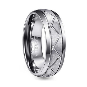 8mm Tungsten Carbide Wedding Band Ring – Domed Grooved Brushed Design – Comfort Fit for Men in Silver or Black