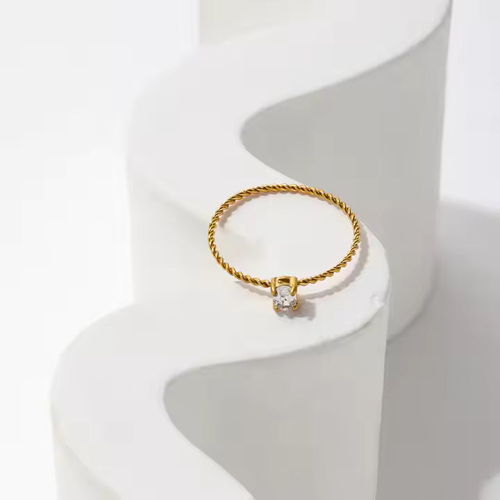 Solitaire Oval CZ Engagement Ring for Women, Thin Rope Chain Band, 18K Gold Plated Stainless Steel Wedding Ring