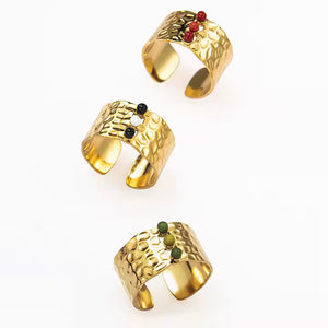 Adjustable Wide Nature Stone Ring – Minimalist 18K Gold Plated Stainless Steel Band with Natural Gemstone Inlay