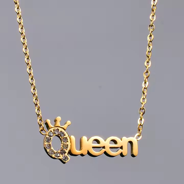 Queen Tiara Pendant Necklace, Gold Plated Stainless Steel, CZ Crystal Accents, Trendy Statement Jewelry Gift