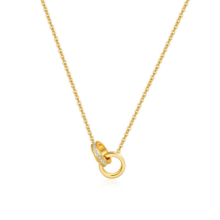 Stainless Steel Double Ring Necklace – Interlocking CZ Eternity Circles, Minimalist Jewelry in Gold and Silver