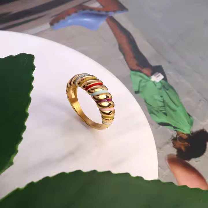 Colorful Enamel Croissant Dome Ring – 18K Gold Plated Stainless Steel, Bold Chunky Band, Modern Statement Jewelry
