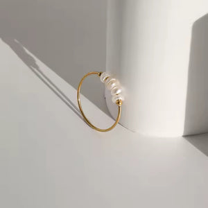 Thin Freshwater Pearl Stackable Ring for Women, Stainless Steel Band in Gold or Silver, Minimalist Design