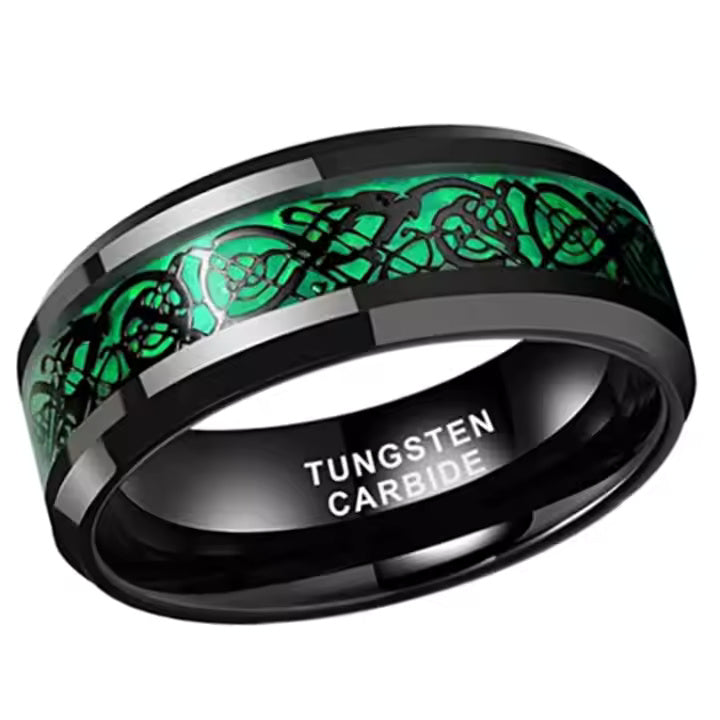 8mm Black Tungsten Carbide Wedding Band with Celtic Dragon Inlay – Red or Green Pattern – Unique Ring for Men, Comfort Fit