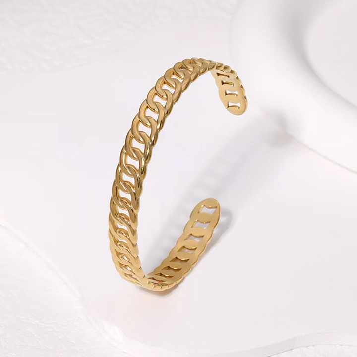 Adjustable Cuban Chain Bangle Bracelet – Stainless Steel Open Cuff in Gold and Silver, Modern Minimalist Design