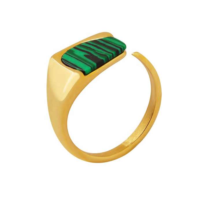 Adjustable Malachite Ring – Stainless Steel Statement Jewelry in Gold, Rose Gold, or Silver with Green Stone Accent
