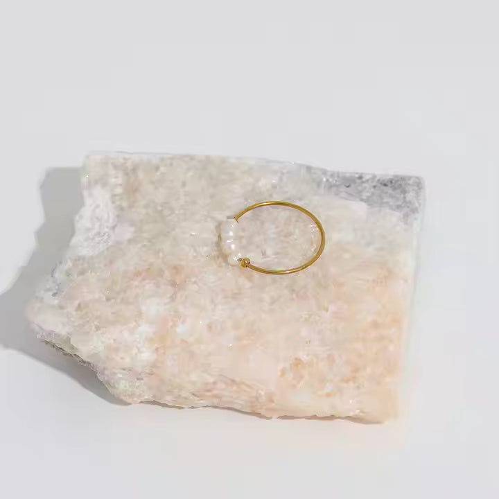 Thin Freshwater Pearl Stackable Ring for Women, Stainless Steel Band in Gold or Silver, Minimalist Design