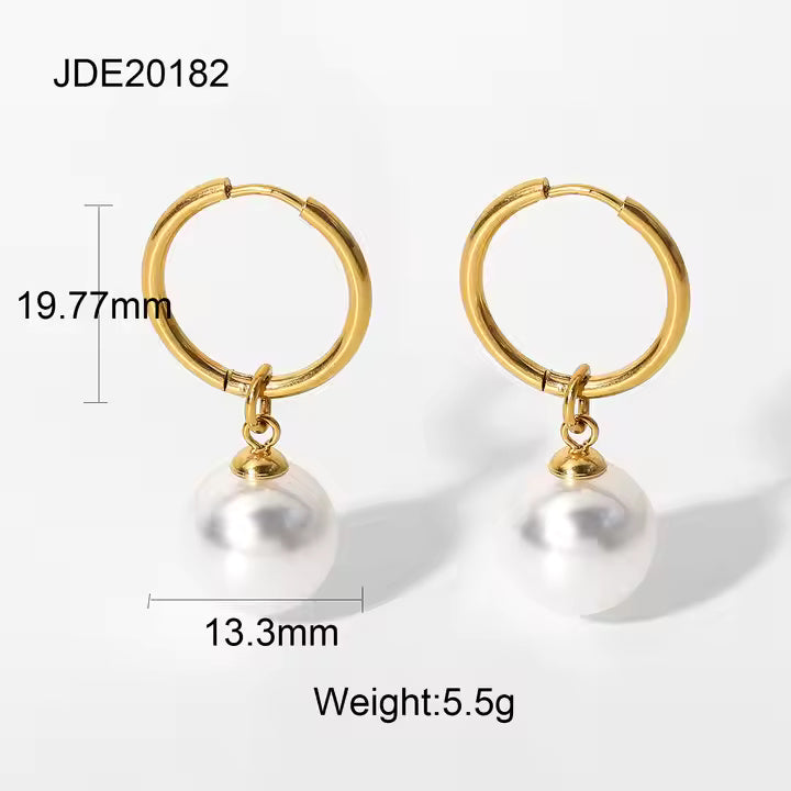 Gold Plated Stainless Steel Huggie Hoop Earrings with Drop Freshwater Pearl – Elegant Minimalist Dangle Style