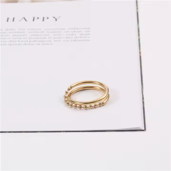 Double Layer Beaded Chain Ring – 18K Gold Plated Stainless Steel Statement Band with Minimalist Stacked Design