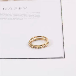 Double Layer Beaded Chain Ring – 18K Gold Plated Stainless Steel Statement Band with Minimalist Stacked Design