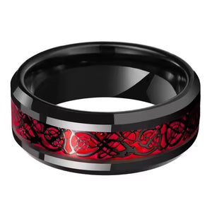 8mm Black Tungsten Carbide Wedding Band with Celtic Dragon Inlay – Red or Green Pattern – Unique Ring for Men, Comfort Fit