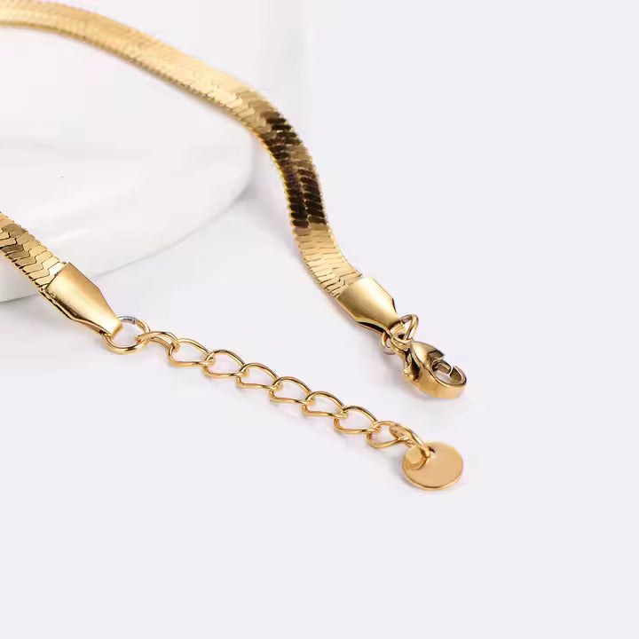 Herringbone Chain Bracelet for Women, 18K Gold Color Stainless Steel, Elegant Flat Snake Link Design, Tarnish Resistant