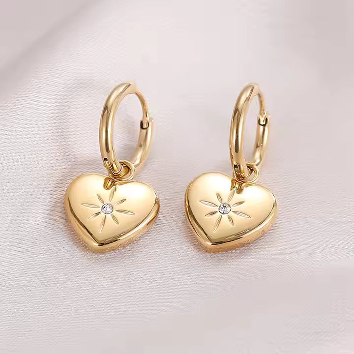 Gold Plated Stainless Steel Heart CZ Dangle Huggie Earrings for Women, Romantic Hoop Design with Sparkling Accent