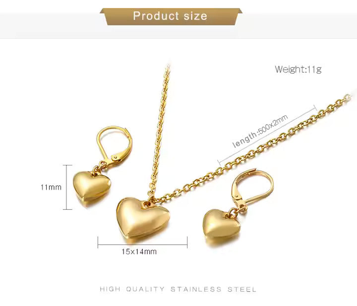 Heart Pendant Necklace & Earrings Set – Stainless Steel Jewelry in Gold & Silver, Minimalist Matching Gift Set