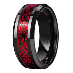 8mm Black Tungsten Carbide Wedding Band with Celtic Dragon Inlay – Red or Green Pattern – Unique Ring for Men, Comfort Fit