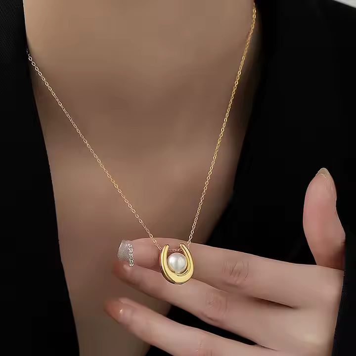 Gold Plated Stainless Steel Horseshoe Pendant Necklace with Pearl – U Shape Lucky Charm Minimalist Jewelry