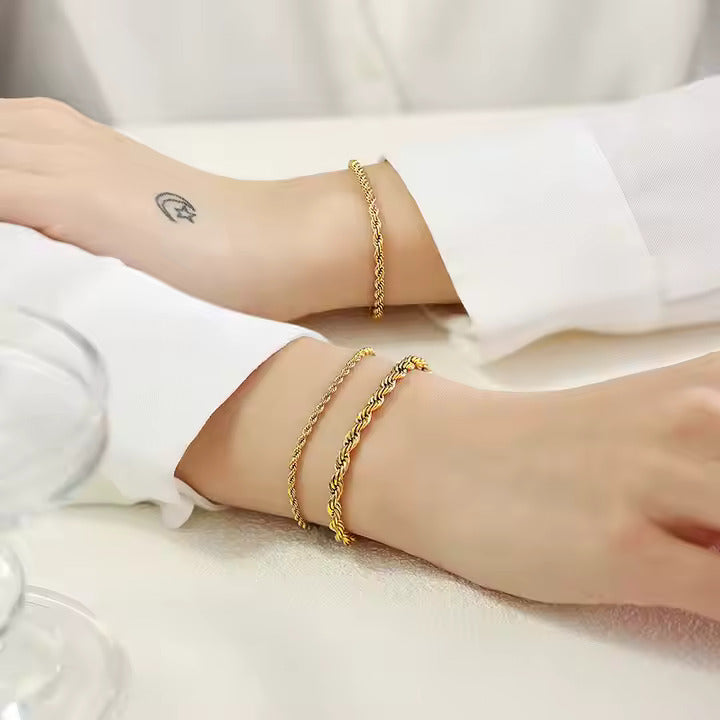 18K Gold & Silver Plated Rope Chain Bracelet for Women – Adjustable Stainless Steel Twisted Chain, Everyday Jewelry