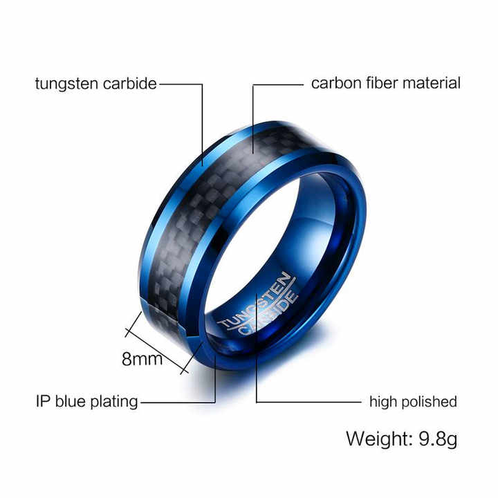 8mm Tungsten Carbide Ring for Men with Black Carbon Fiber Inlay – Available in Blue or Silver Finish – Wedding Band