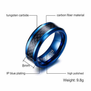 8mm Tungsten Carbide Ring for Men with Black Carbon Fiber Inlay – Available in Blue or Silver Finish – Wedding Band