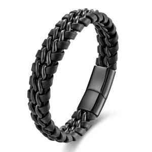 Men's Black Braided Leather Bracelet with Magnetic Clasp, Handmade Wristband for Casual and Formal Outfits