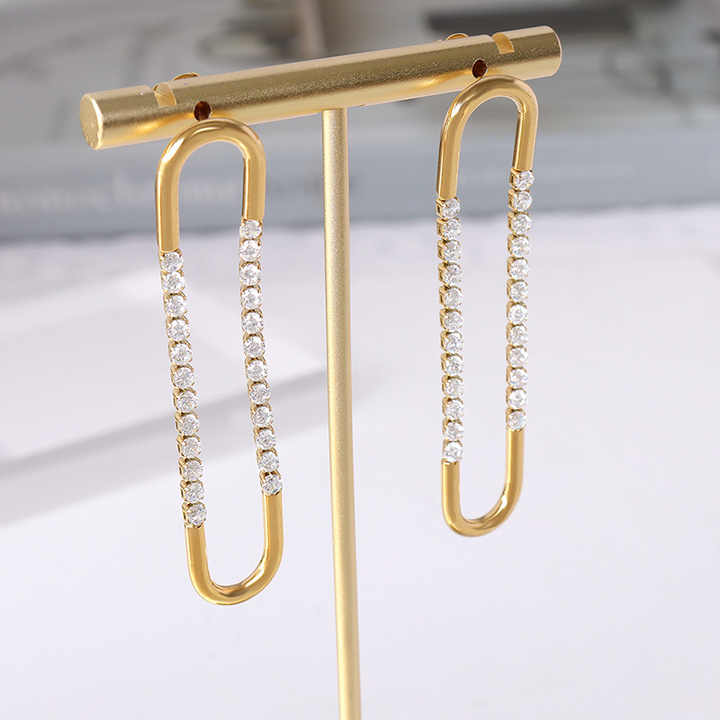 18K Gold Plated U-Shape CZ Drop Stud Earrings for Women, Geometric Stainless Steel Minimalist Dangle Jewelry