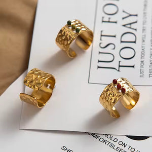 Adjustable Wide Nature Stone Ring – Minimalist 18K Gold Plated Stainless Steel Band with Natural Gemstone Inlay
