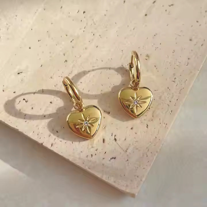 Gold Plated Stainless Steel Heart CZ Dangle Huggie Earrings for Women, Romantic Hoop Design with Sparkling Accent