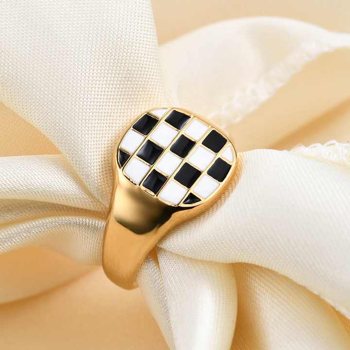 Square Checkerboard Enamel Ring – Black & White Grid, 18K Gold Plated Stainless Steel, Chunky Statement Jewelry