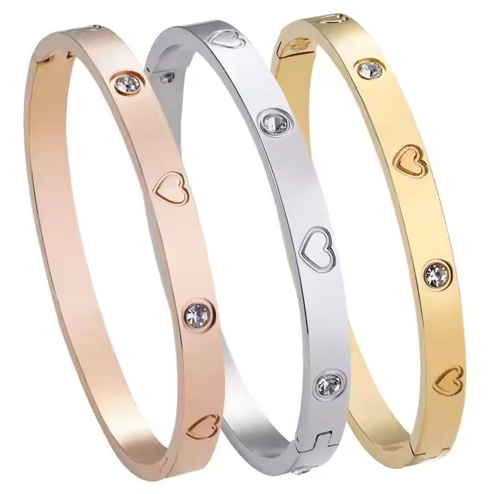 Heart Engraved CZ Bangle Bracelet, Stainless Steel with Sparkling Cubic Zirconia in Gold, Silver, Rose Gold