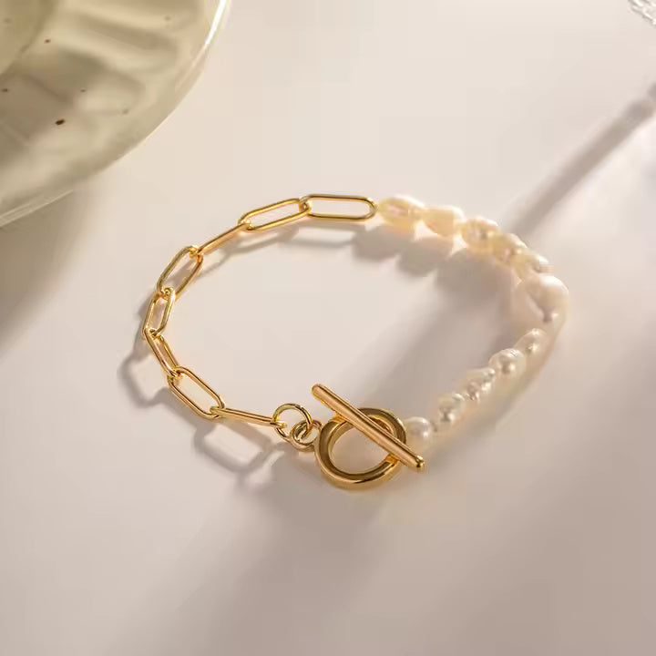 Freshwater Pearl Toggle Bracelet – 18K Gold Plated Stainless Steel Chain with OT Buckle, Chunky & Elegant Design
