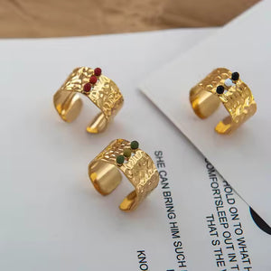 Adjustable Wide Nature Stone Ring – Minimalist 18K Gold Plated Stainless Steel Band with Natural Gemstone Inlay