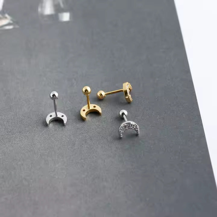 Dainty Stainless Steel Moon Stud Earrings for Women – CZ Crystals, Hypoallergenic, Available in Gold & Silver