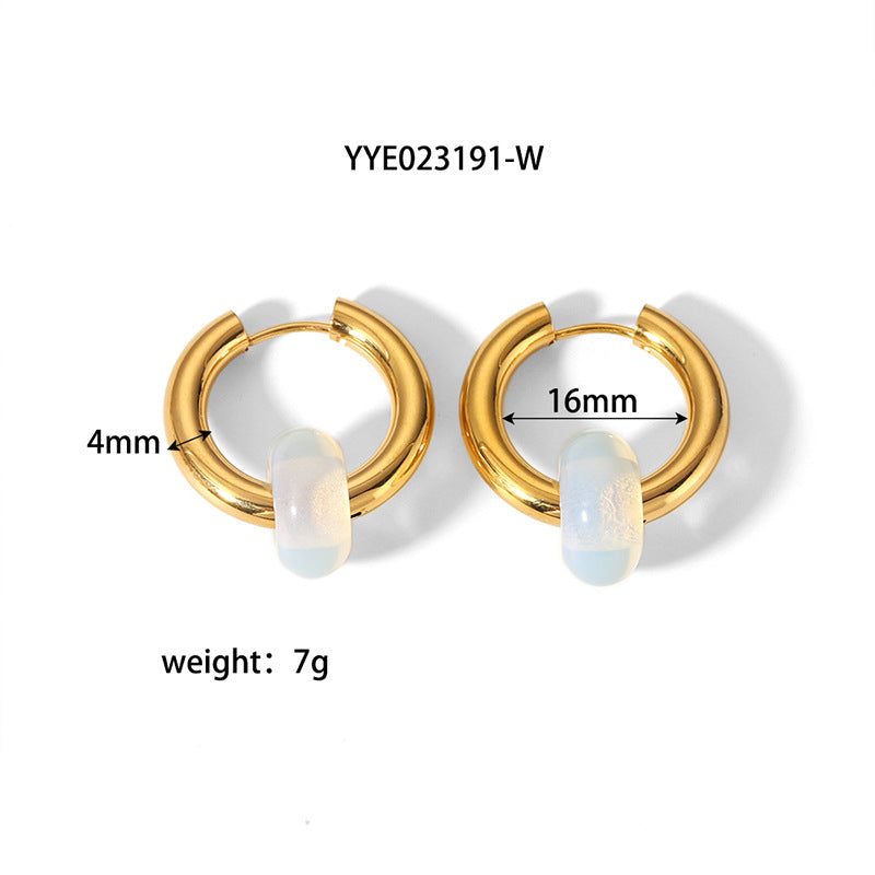Boho Opal Huggie Earrings in Gold Plated Stainless Steel – Black, Green & White Gemstone Minimalist Hoop Set