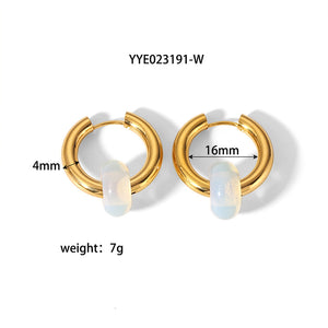 Boho Opal Huggie Earrings in Gold Plated Stainless Steel – Black, Green & White Gemstone Minimalist Hoop Set