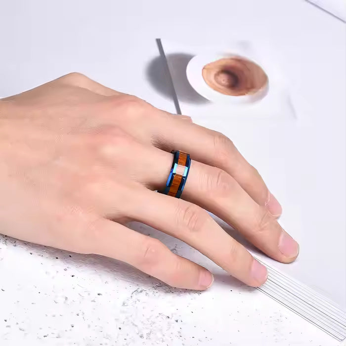8mm Blue Tungsten Carbide Wedding Band Ring with Wood Inlay – Rustic & Modern Style for Men and Women – Comfort Fit