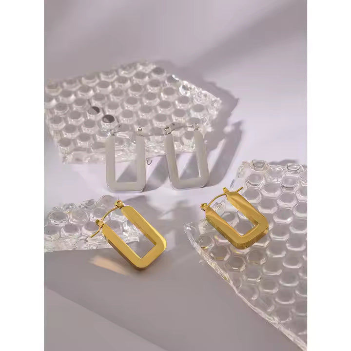 Geometric U-Shape Rectangle Earrings – 18K Gold Plated or Silver Stainless Steel Minimalist Drop Studs