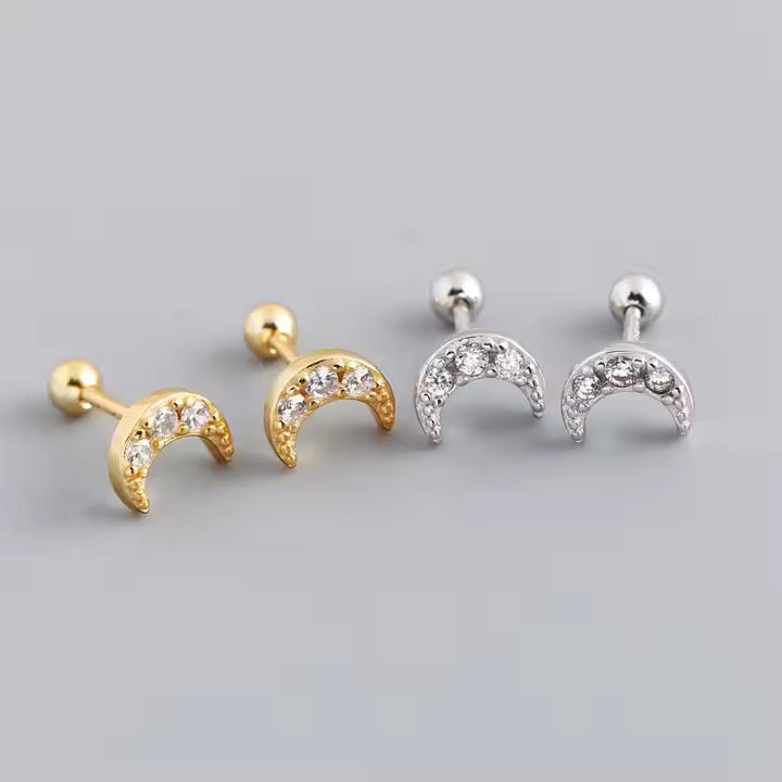 Dainty Stainless Steel Moon Stud Earrings for Women – CZ Crystals, Hypoallergenic, Available in Gold & Silver