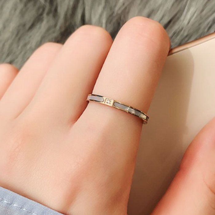 Stackable Ring with Mother of Pearl & CZ – 18K Gold Plated Stainless Steel, Elegant Dainty Band for Layering