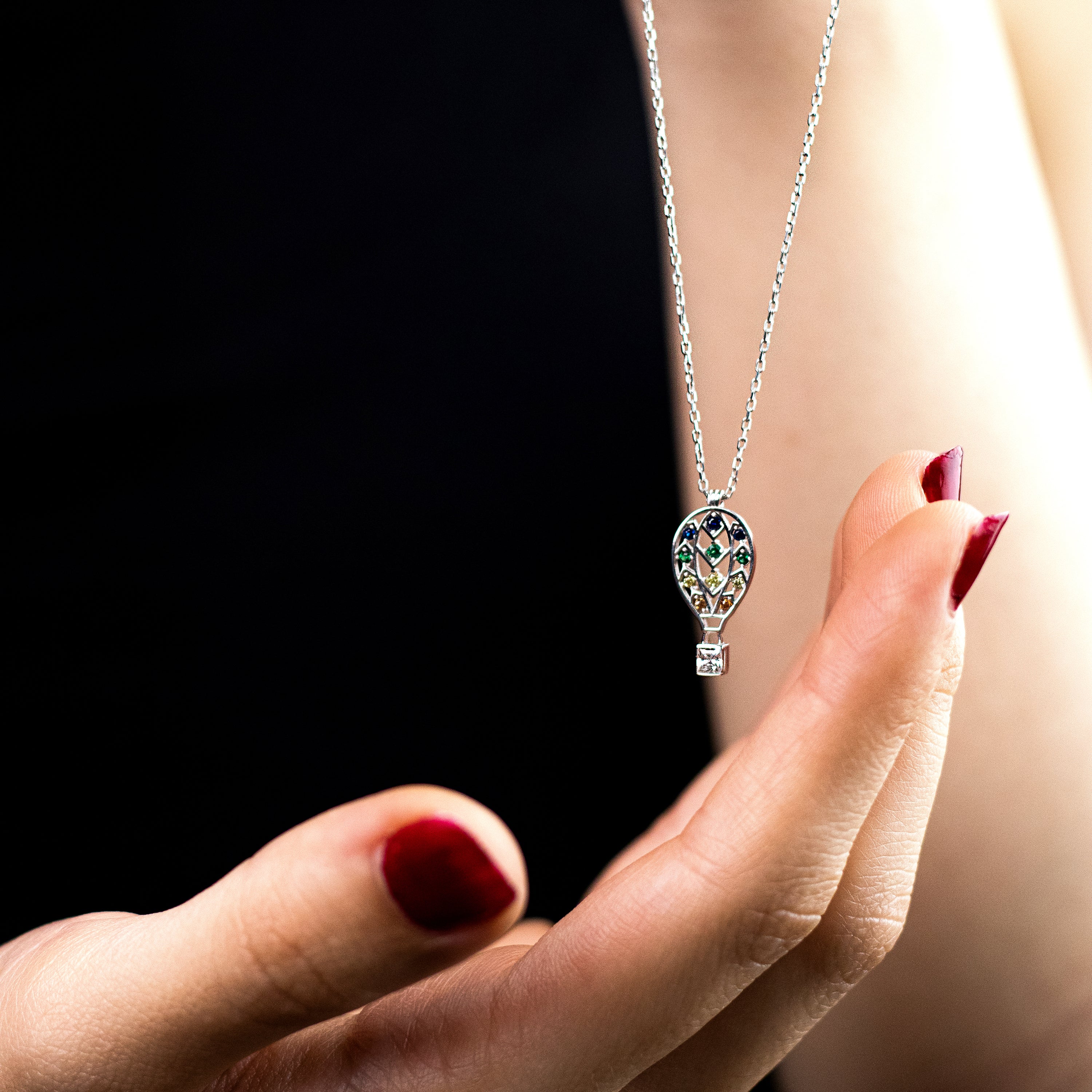 Multi Color CZ Hot Air Balloon Sterling Silver Necklace