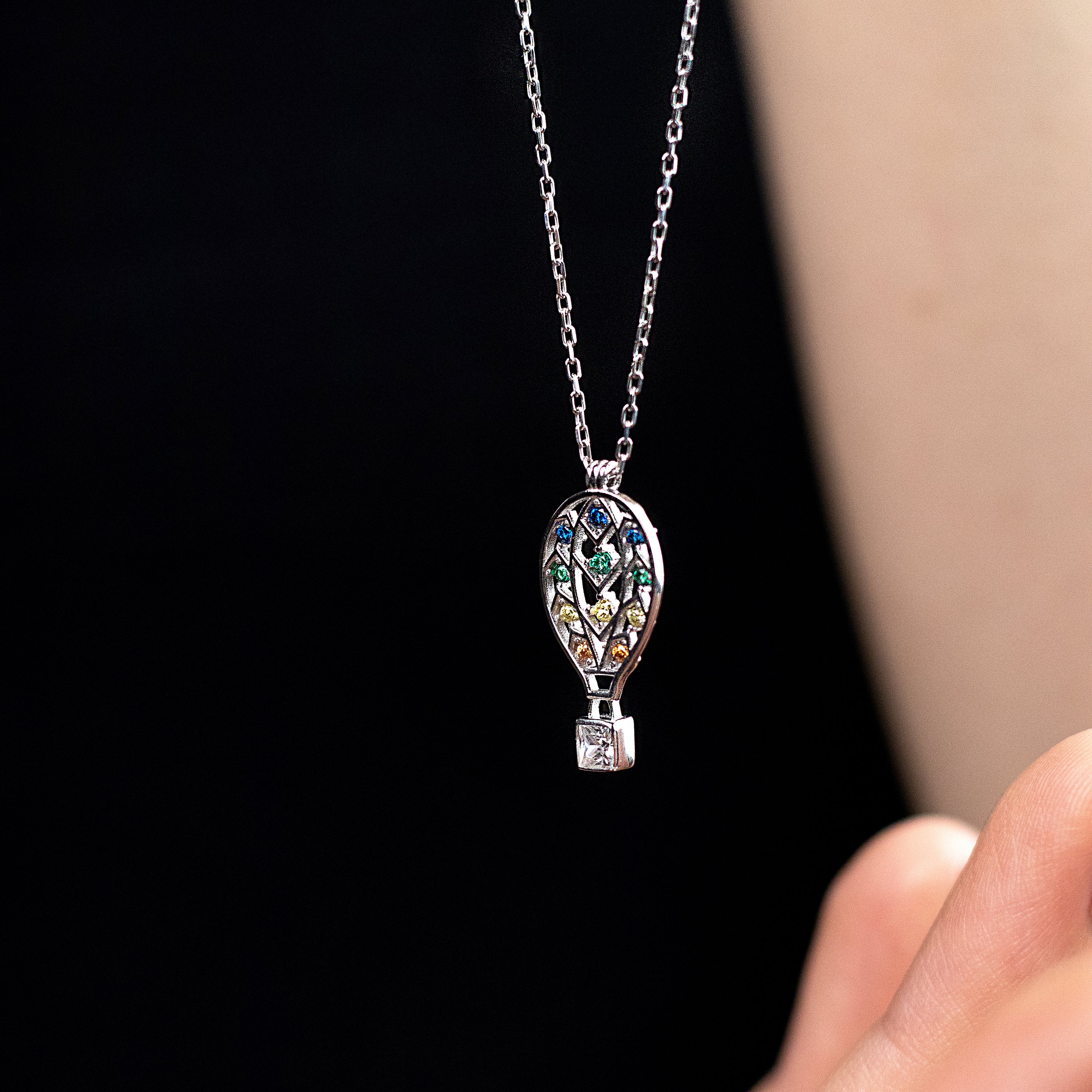 Multi Color CZ Hot Air Balloon Sterling Silver Necklace