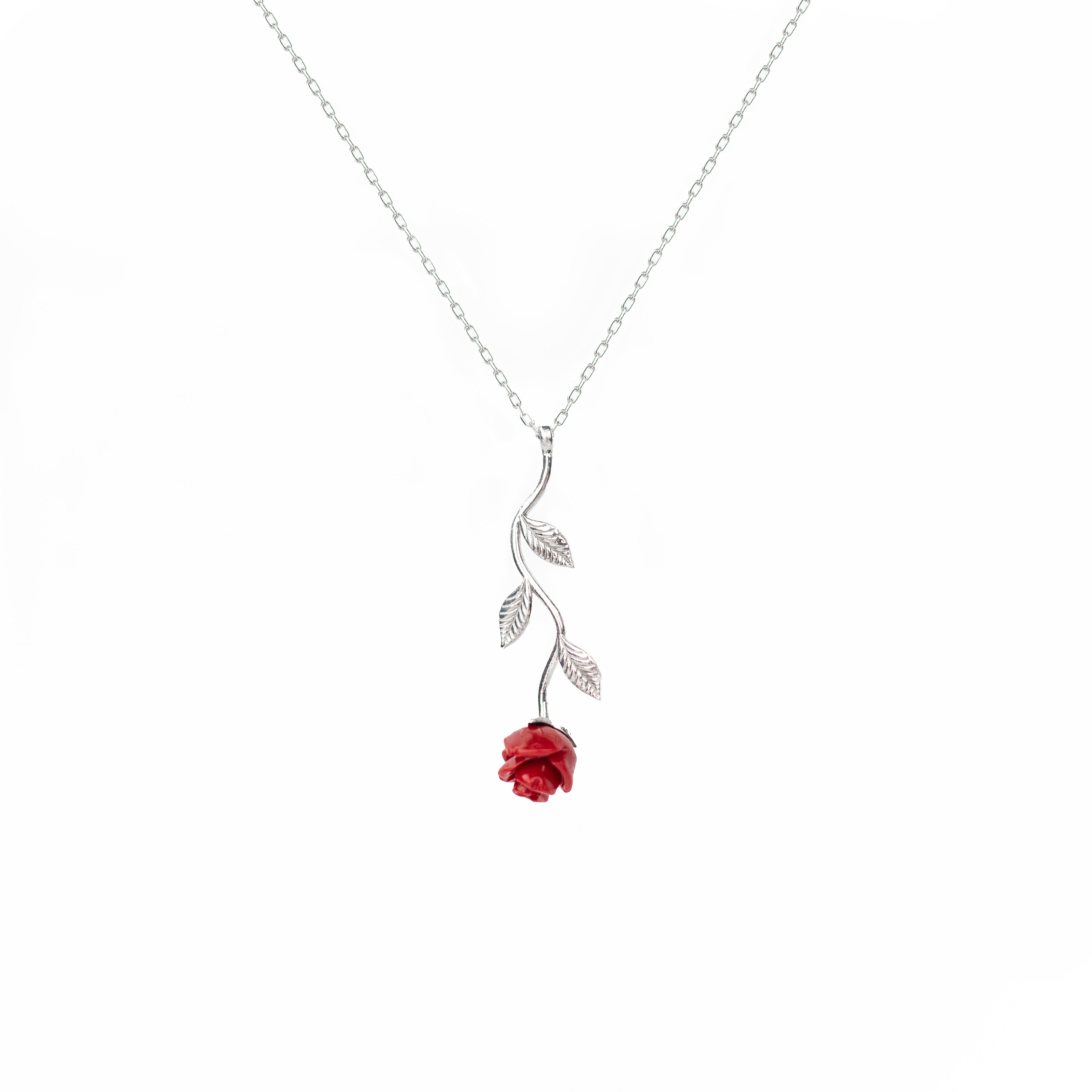 Red Rose Flower Sterling Silver Necklace